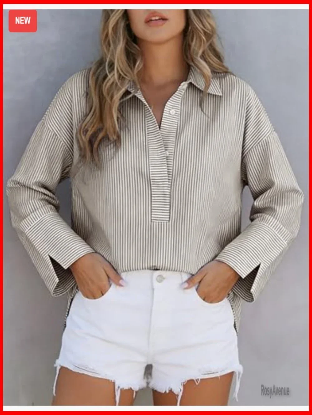 Oversized Striped Button Down Henley Shirt Long Sleeve Blouse - Picture 3 of 7